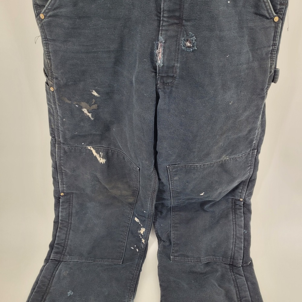 Carhartt Bib Overalls Mens Medium Navy Blue Quilt Lined Distressed Canvas Work - Picture 3 of 8